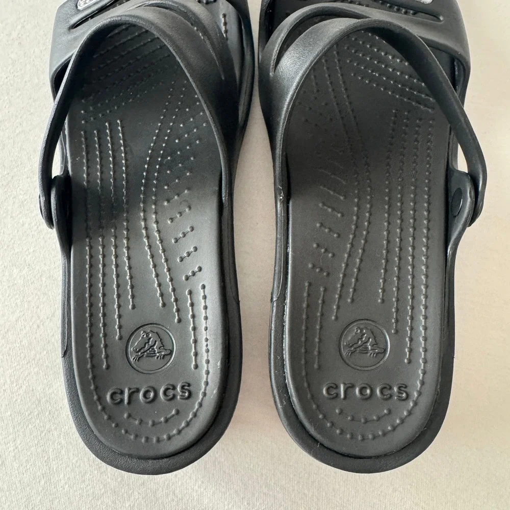 Crocs Patricia Wedge Sandals Womens 8 Black Multi Strap Slip On Shoes Comfort